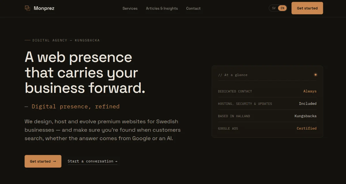 The Monprez.se homepage — a website built and managed by Monsolut